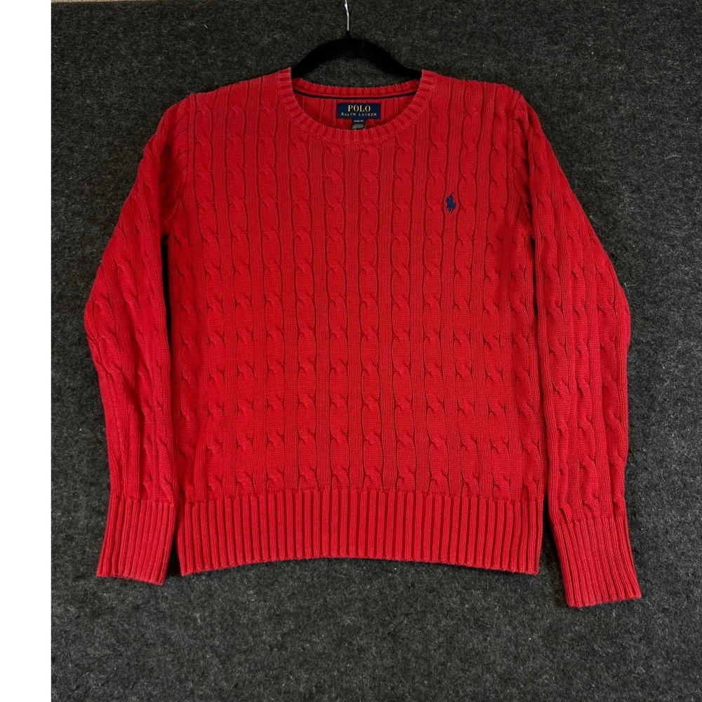 Polo Ralph Lauren Red Cable Knit Cotton Sweater Boys M 10-12 Blue Pony Logo